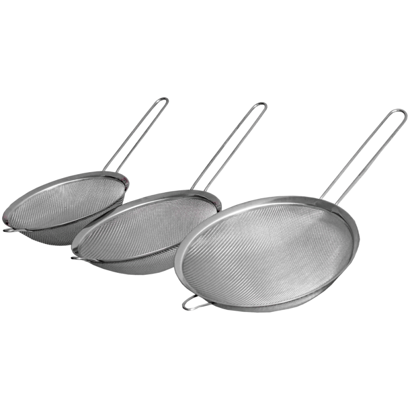 Set 3 strecuratori metalice cu maner, cu plasa fina 17.5/19.5/22 cm